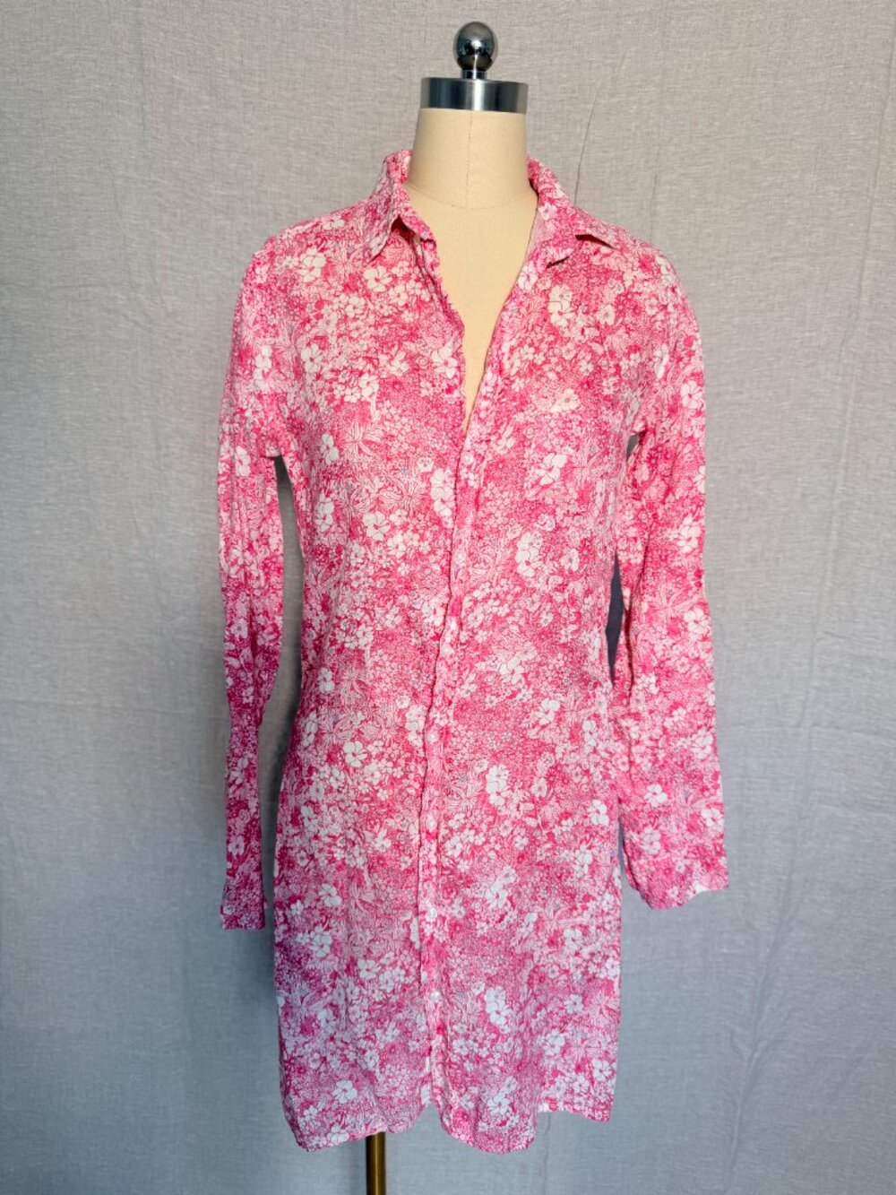Frank & Eileen Murphy 100% Linen Floral Shirt Dress Pink White Small USA
